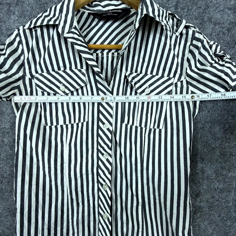 Norma Kamali Shirt Womens XS Black White Striped Button Up Short Sleeve Long - Picture 3 of 6
